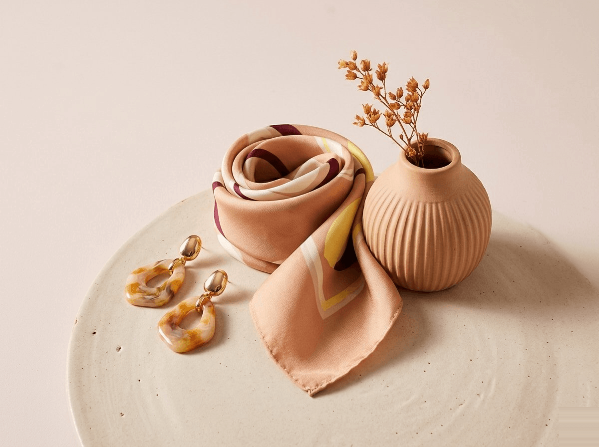 Still-life arrangement of gold-tone drop earrings, a patterned silk scarf, and a ribbed ceramic vase on a warm stone background, showing a curated mix of wholesale categories.