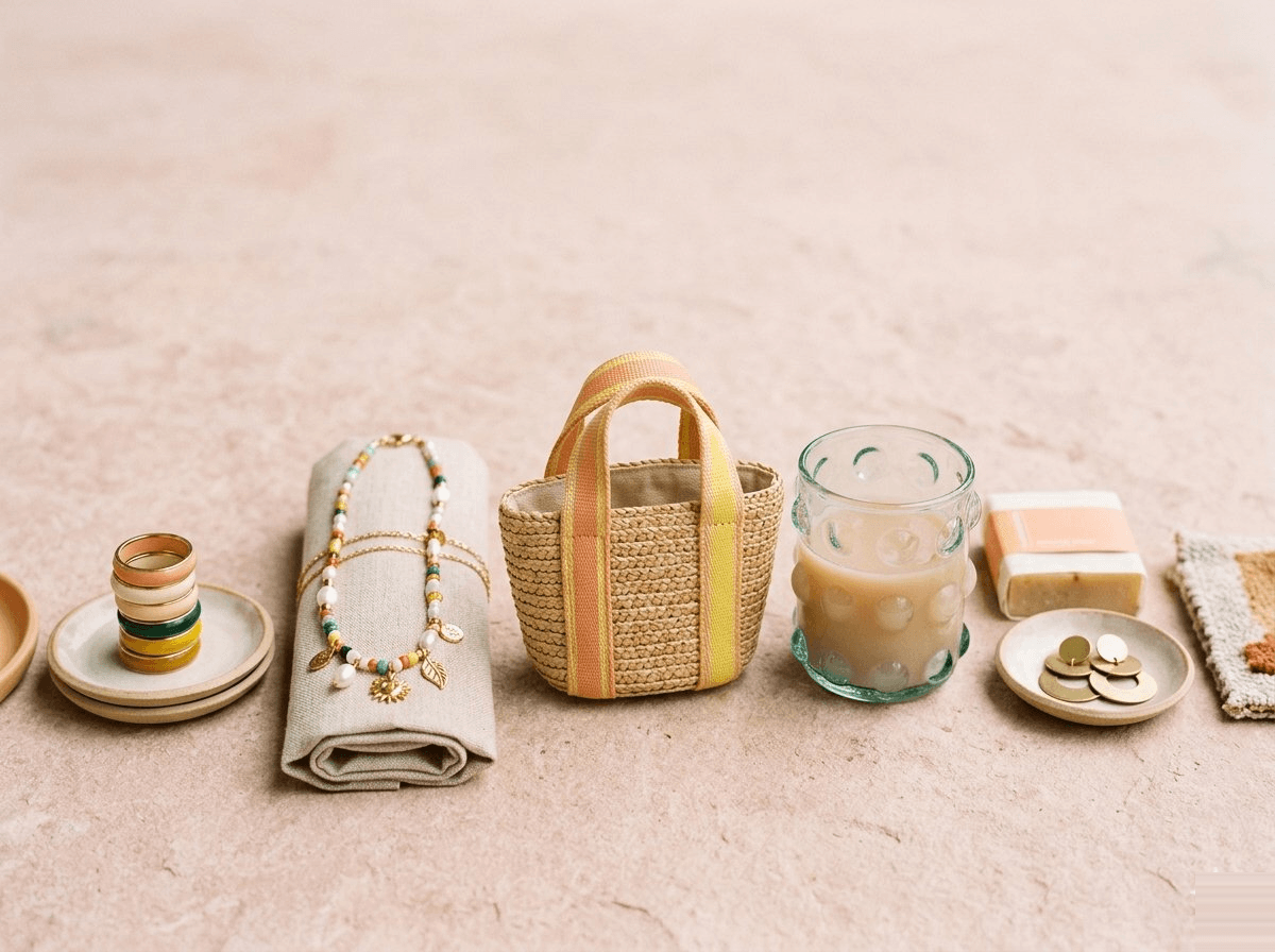 Linear still-life lineup of varied wholesale products on a warm stone background: stacked enamel rings, a beaded charm necklace, a woven raffia tote, a bubble-glass candle, soap, and brass discs, suggesting an abundant, ever-refreshing catalog.