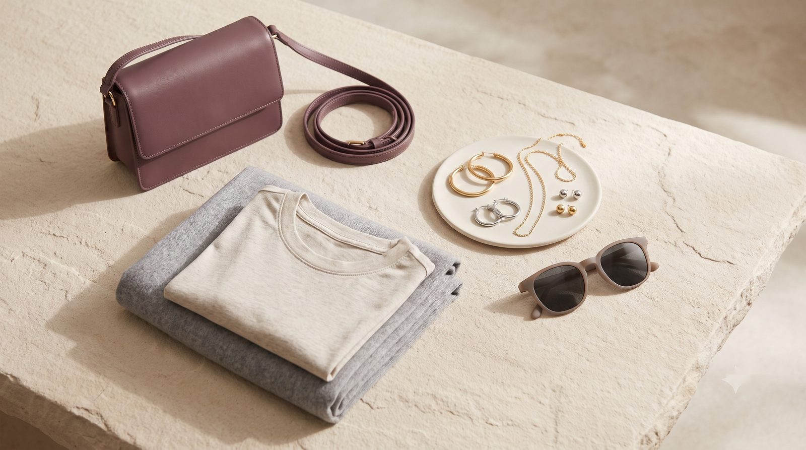 A resale-ready spread shot like a listing: a handbag, fashion jewelry, folded tees, a scarf and sunglasses on stone