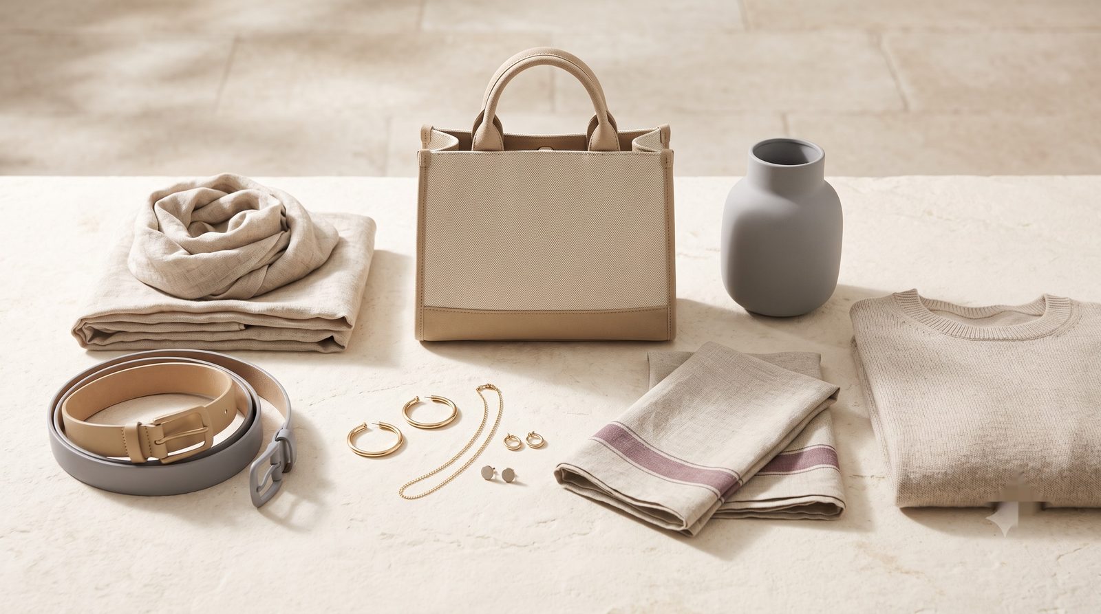A multi-category retail assortment on a stone surface: a scarf, belts, fashion jewelry, a handbag, a vase, a tea towel and a folded sweater