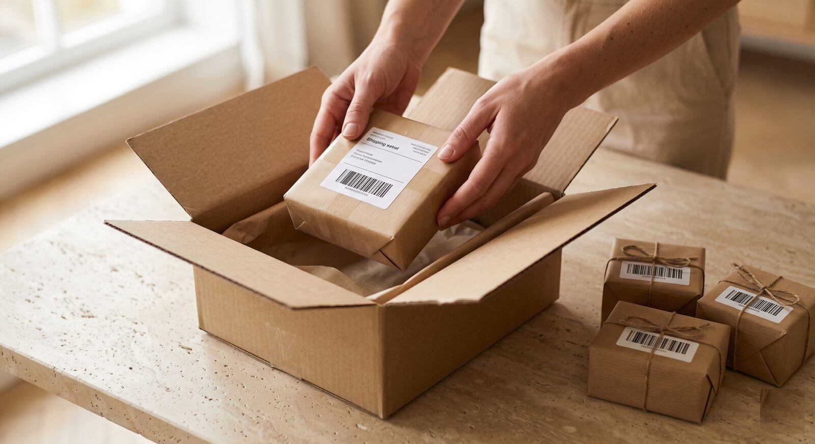 Hands preparing a labeled, resale-ready wholesale shipment on a stone surface, representing Everful's custom fulfillment for large, complex orders.