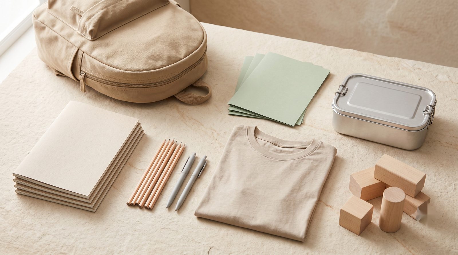 A canvas backpack, notebooks, pencils, a folded t-shirt, paper, a lunch tin and wooden blocks on a stone surface