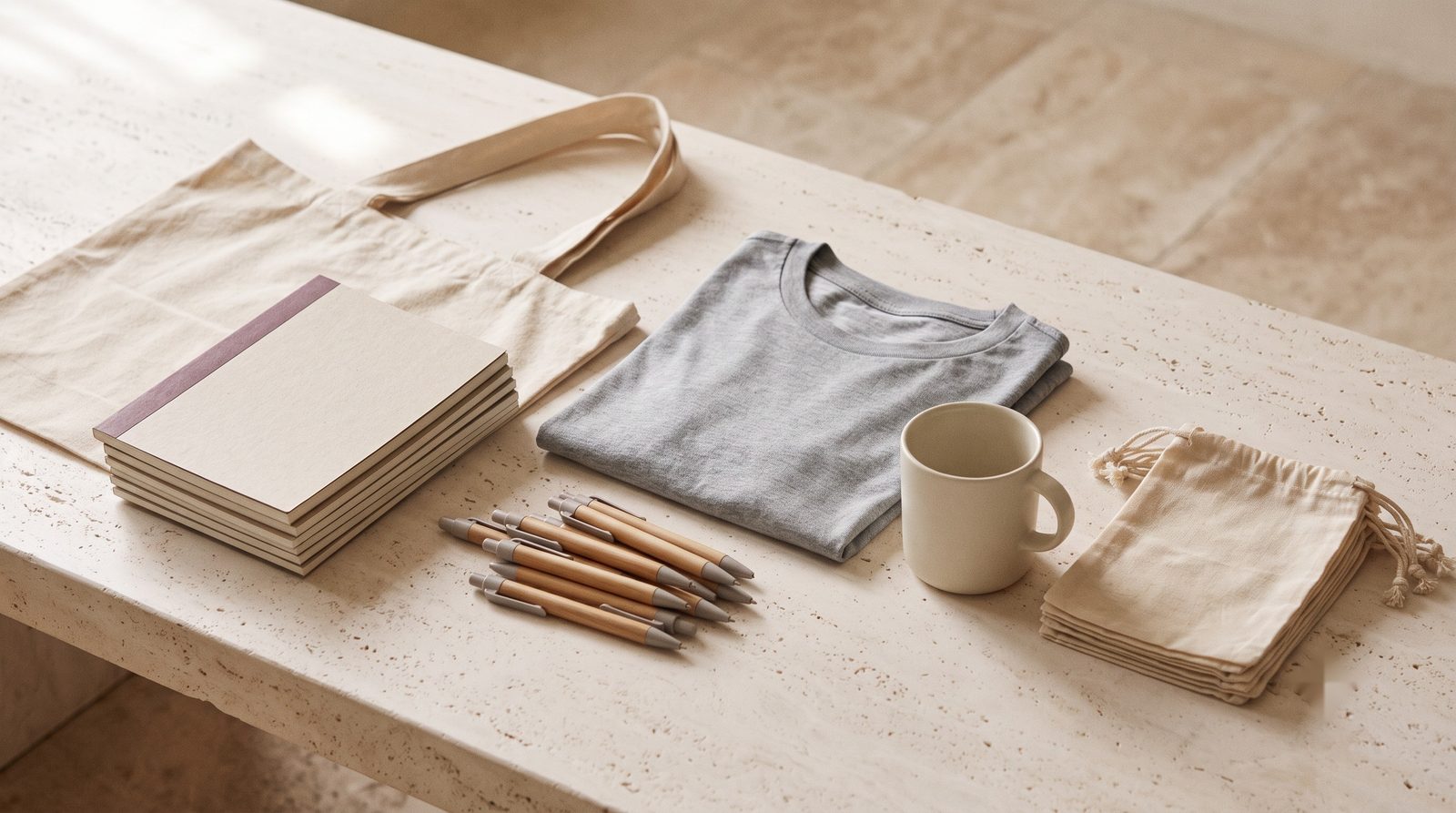 Canvas totes, notebooks, pens, a folded t-shirt, a ceramic mug and drawstring bags arranged on a stone surface