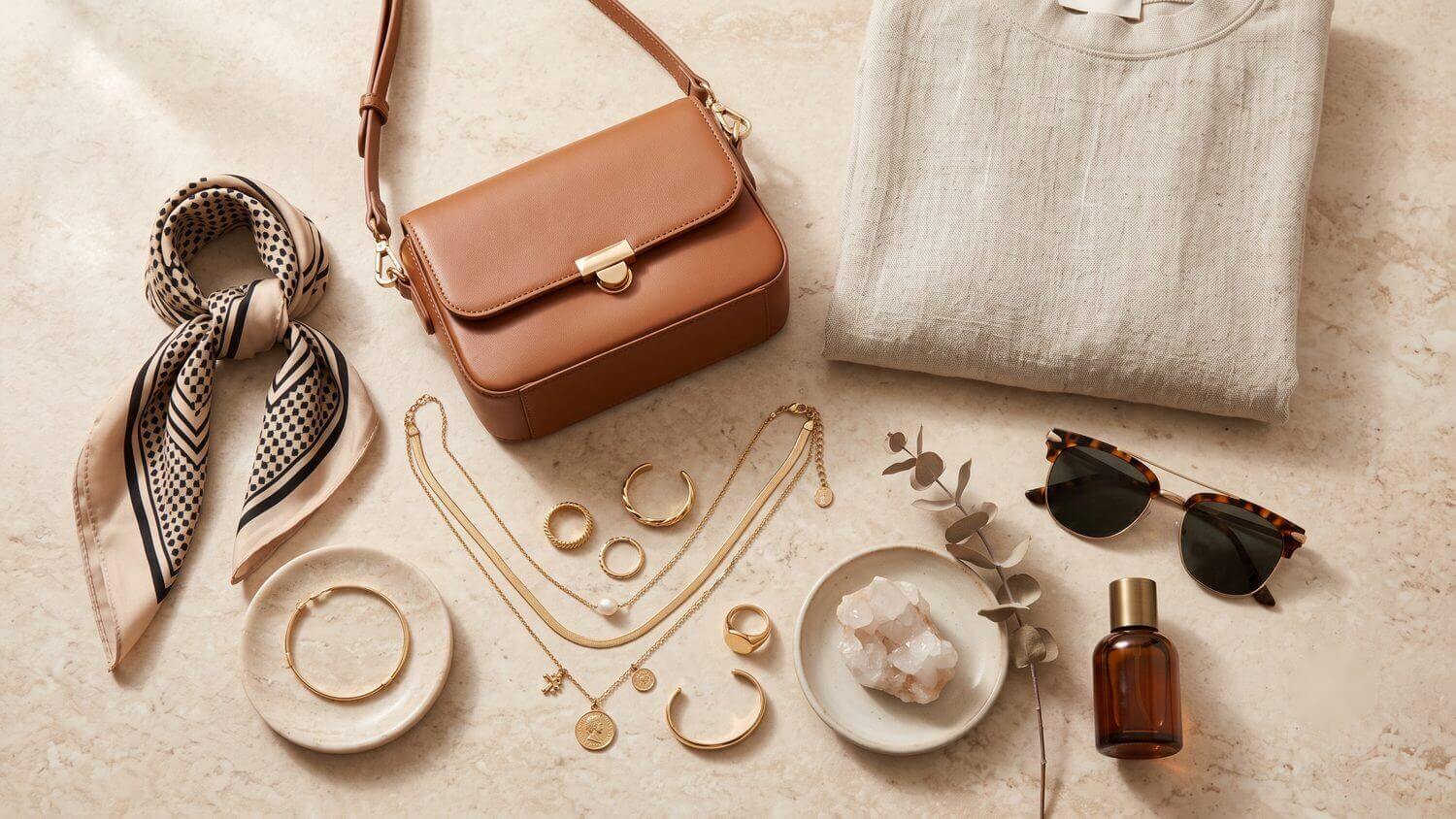 Boutique-ready products arranged on a stone surface: layered fashion jewelry, a structured handbag, a folded garment, and accessories