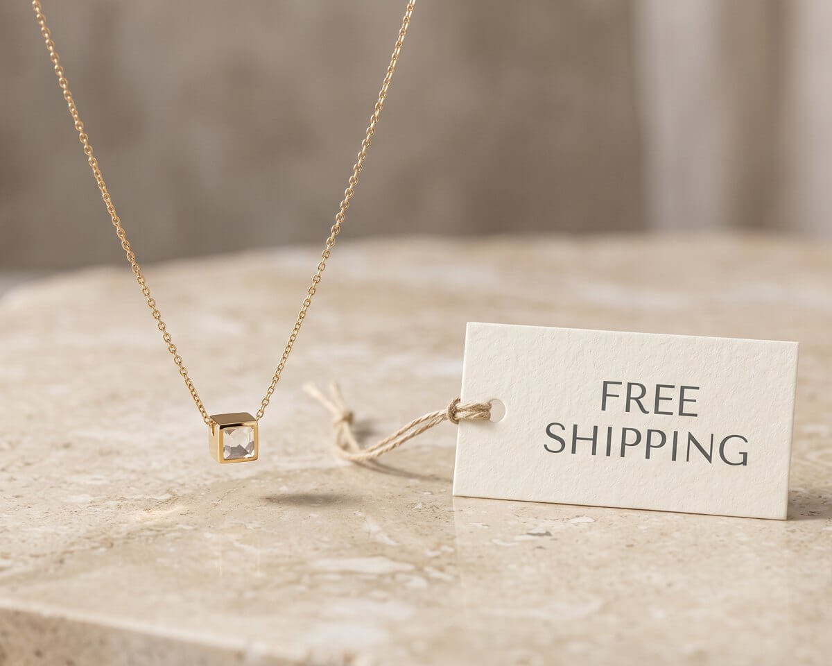 Gold necklace with a clear stone pendant beside a Free Shipping hang-tag on a warm stone surface
