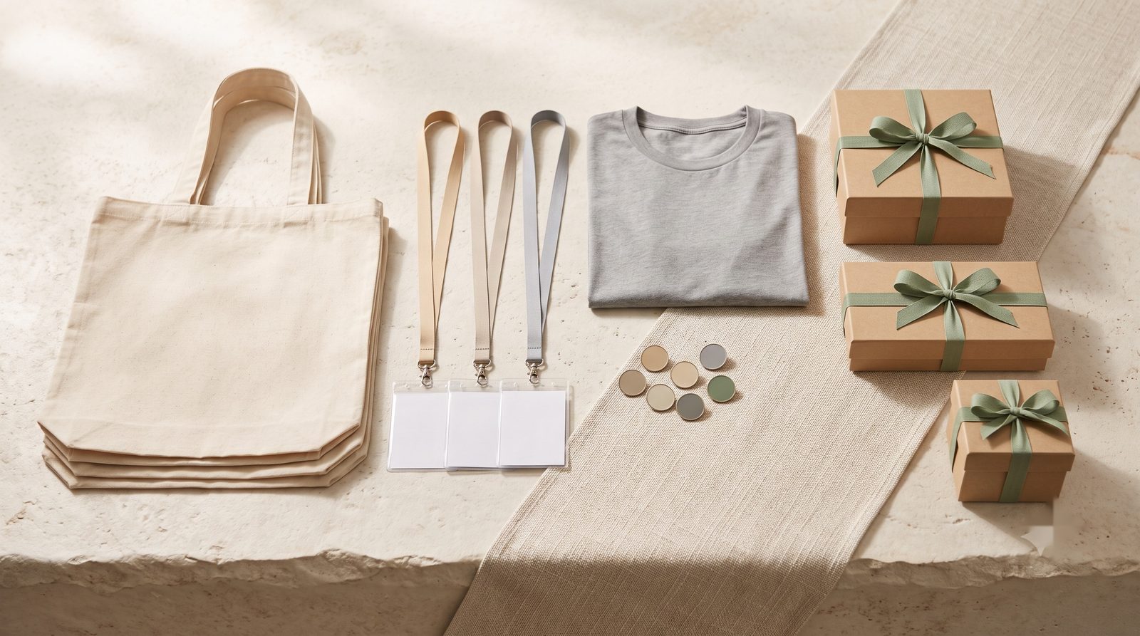 Canvas totes, blank laryards, a folded crew t-shirt, enamel pins and kraft gift boxes arranged on a stone surface