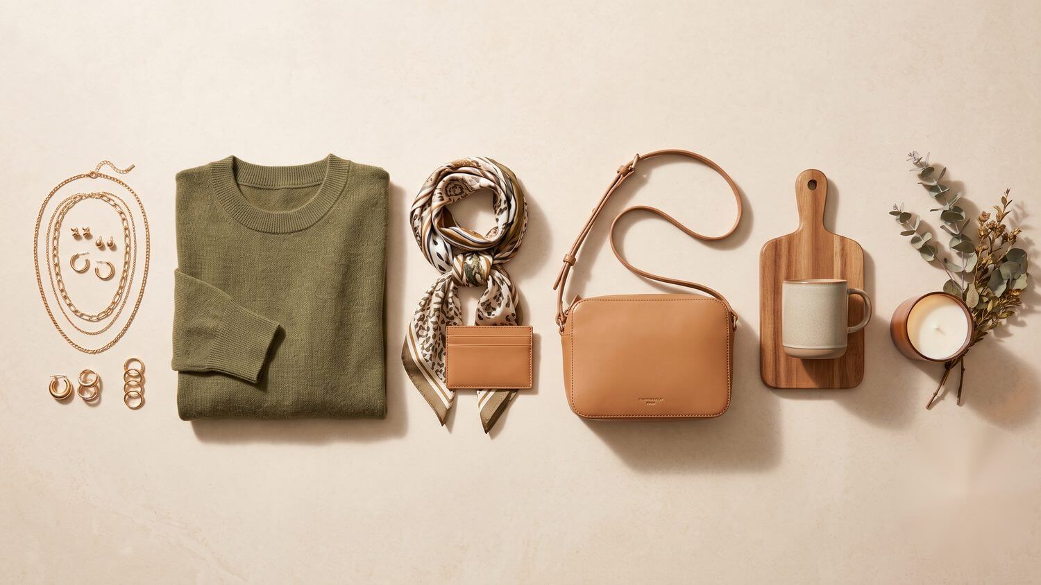 Boutique-ready products arranged on a stone surface: layered fashion jewelry, a structured handbag, a folded garment, and accessories