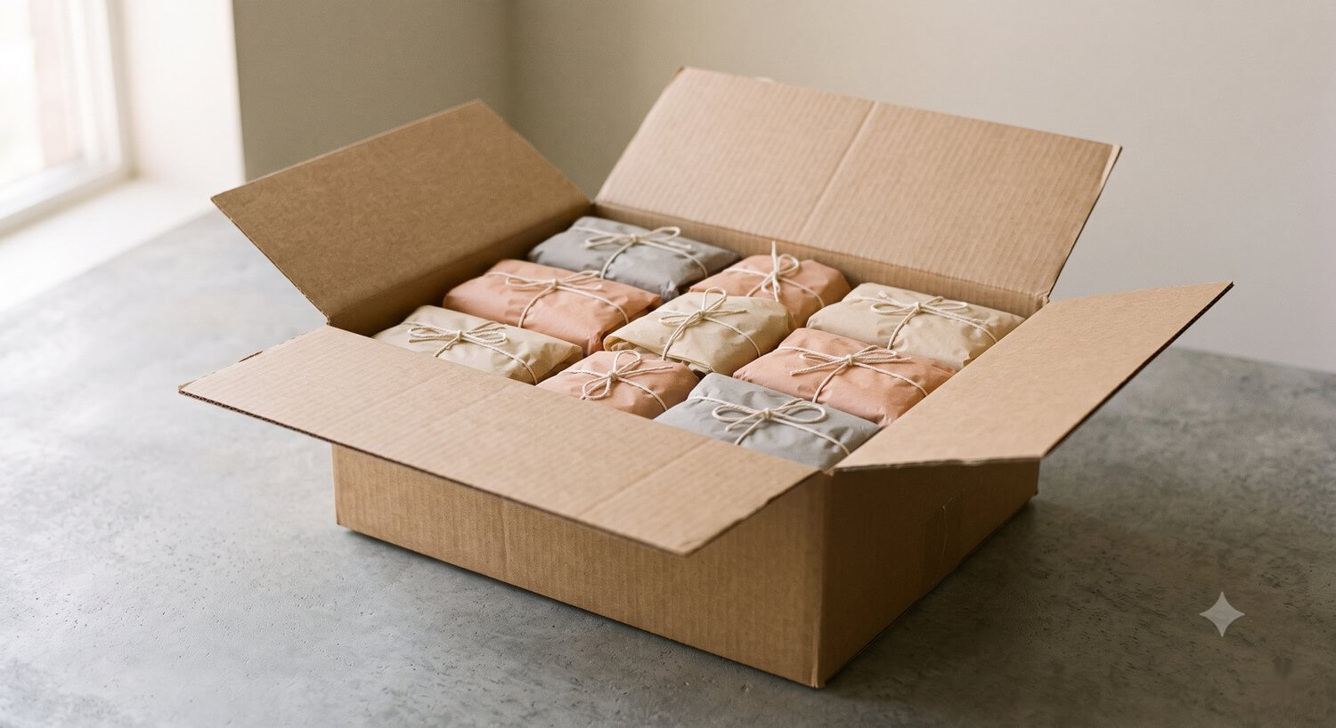 An open kraft shipping carton neatly filled with tissue-wrapped product bundles on a Stone background