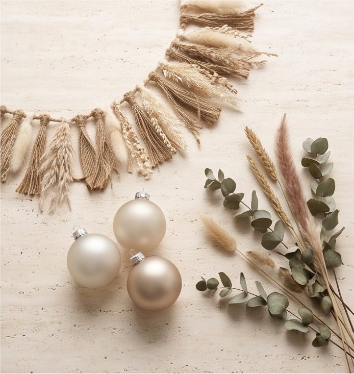 Neutral garland, baubles and dried foliage