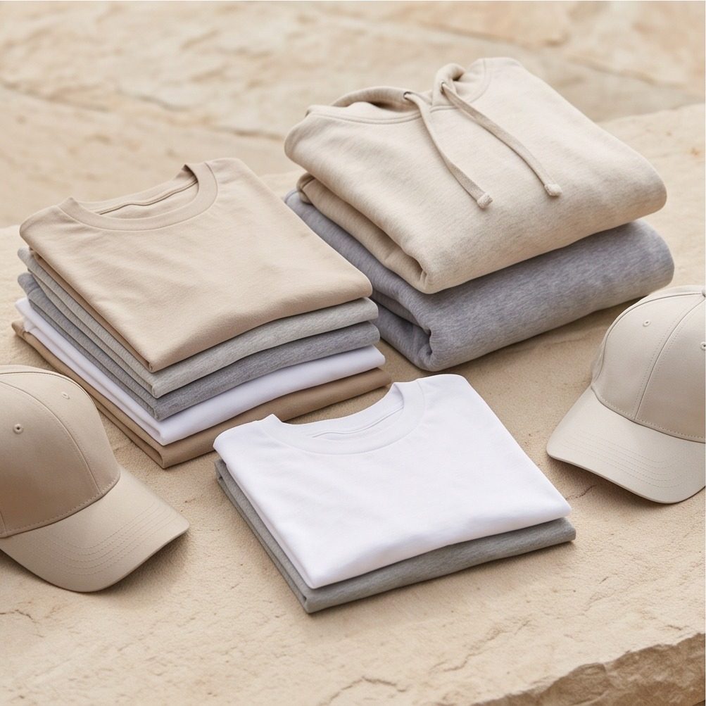 Folded blank t-shirts, a hoodie and caps in neutral tones, ready to be branded