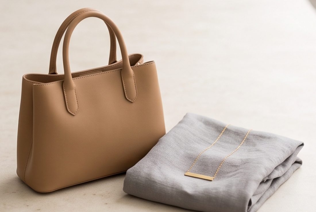 A resale-ready still life: a handbag with a folded scarf and a fine necklace