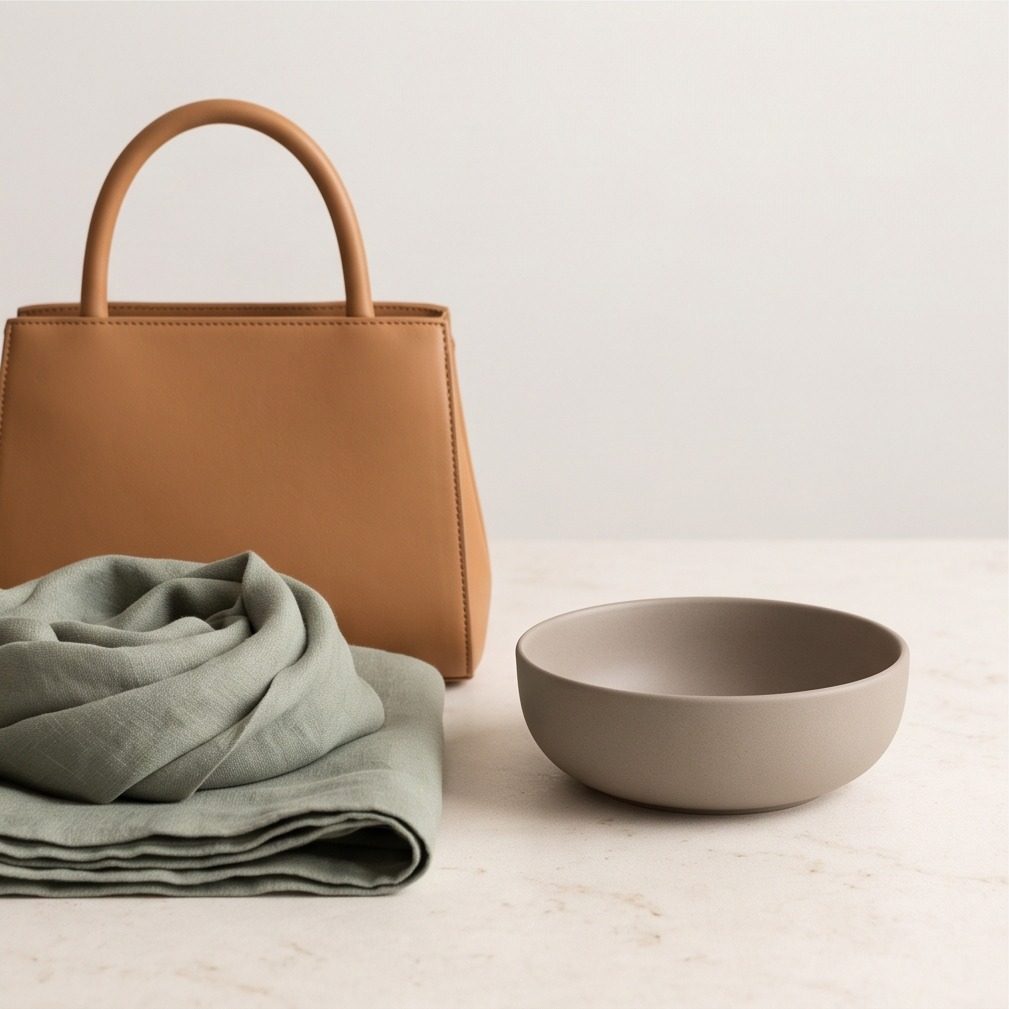 A premium retail-ready still life: a structured handbag, a folded scarf and a ceramic bowl