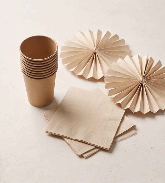 Paper cups, napkins and paper fans