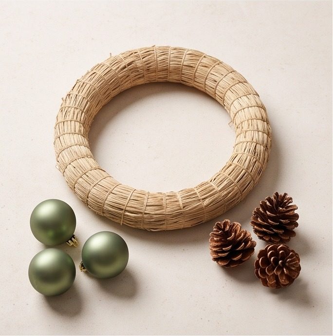 A woven wreath, baubles and pinecones