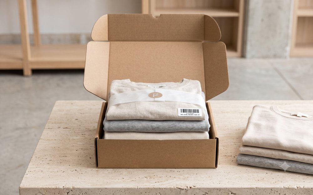 An open shipping box of folded garments with a barcode label and branded tissue