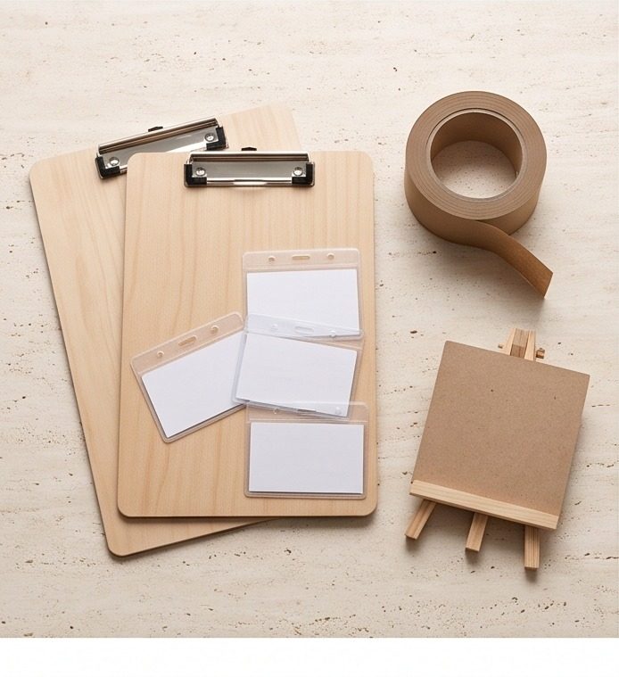 Plain clipboards, badge holders, tape and a blank easel sign
