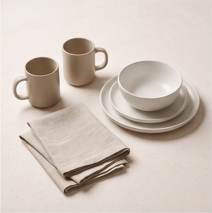 Plain mugs, dishware and tea towels