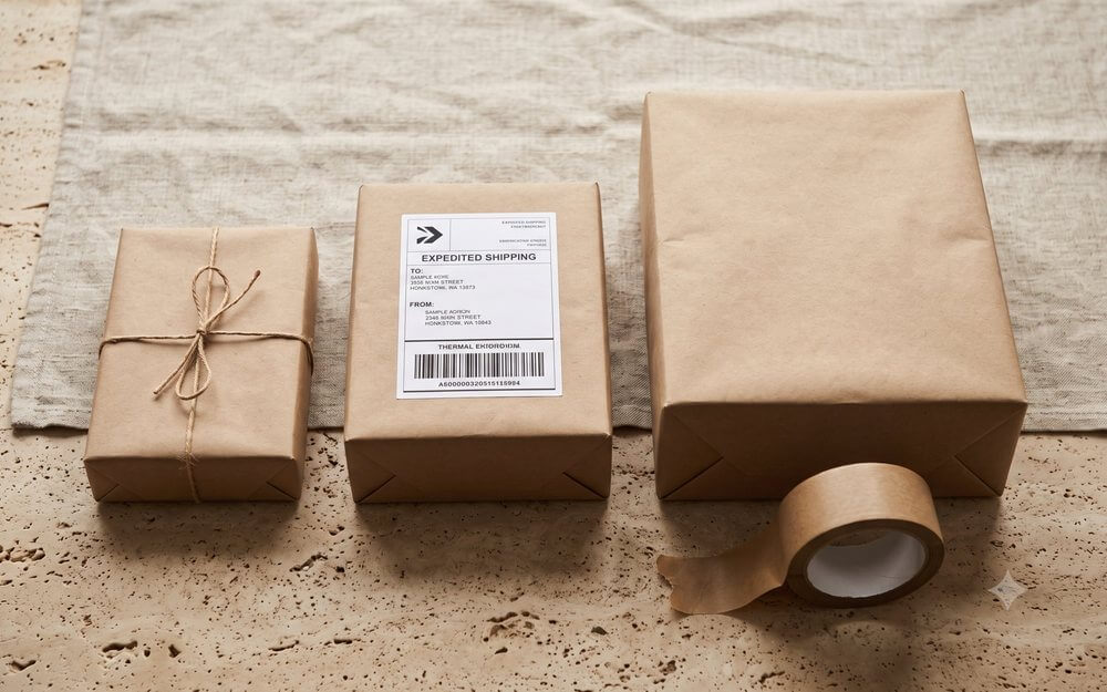 Three kraft parcels of different sizes with a shipping label and paper tape