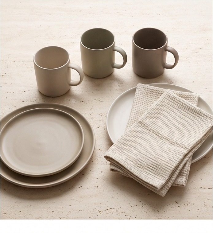 Plain mugs, dishware and tea towels