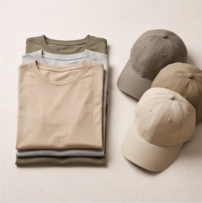 Folded plain t-shirts and caps