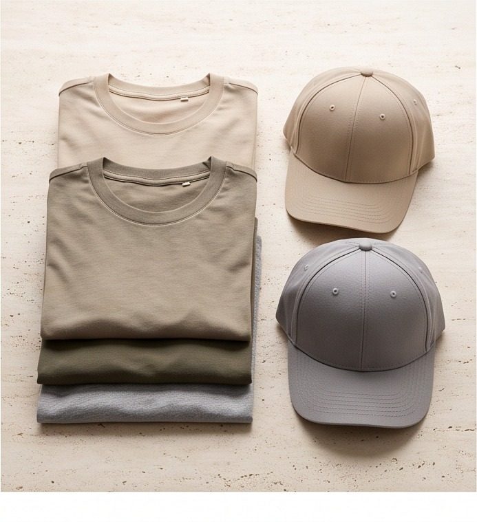 Folded plain crew t-shirts and caps