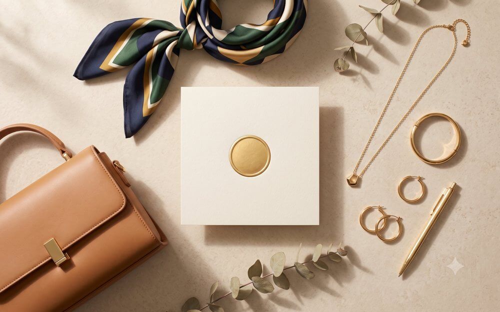 A premium flat-lay: silk scarf, tan handbag, and gold jewelry around a sealed card