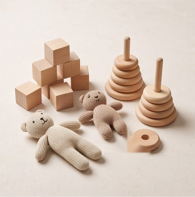 Wooden blocks, soft toys and stacking rings