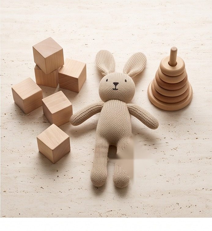 Plain wooden blocks, a soft toy and a stacking ring