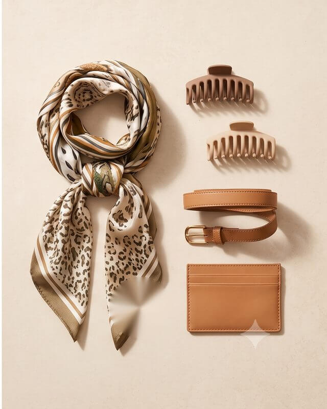 A printed silk scarf, hair claws, a belt and a card holder on a stone surface