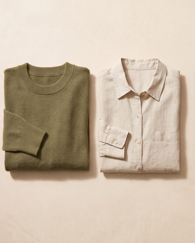 A folded knit sweater and a linen shirt on a stone surface