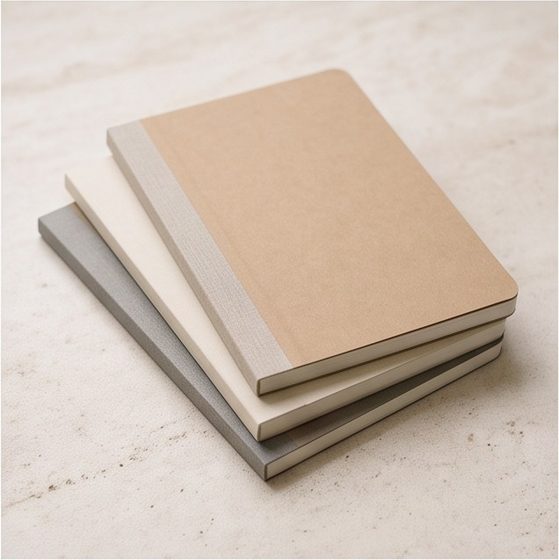 A stack of plain notebooks on a stone surface