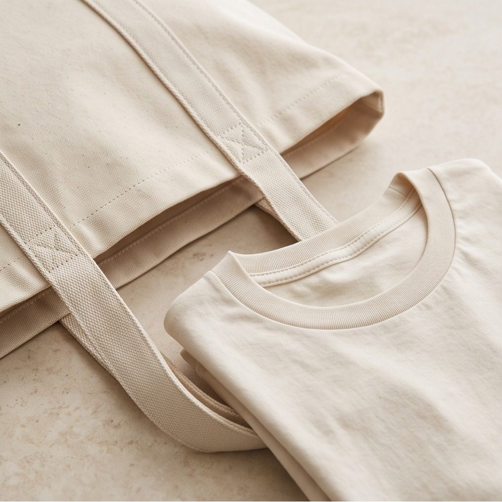 A sturdy canvas tote and a folded crew t-shirt on a stone surface