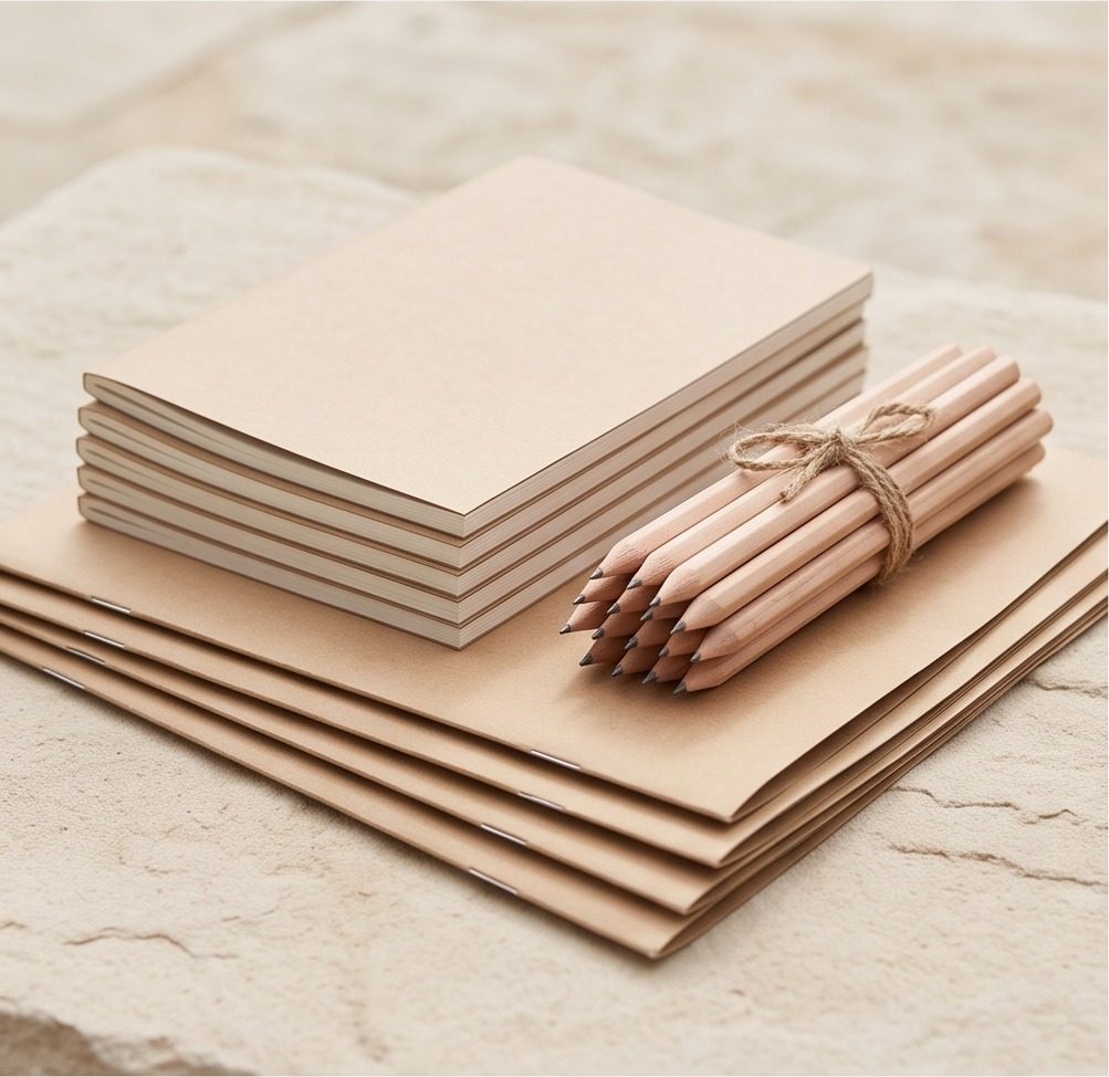 A stack of notebooks, a bundle of pencils, and folders on a stone surface