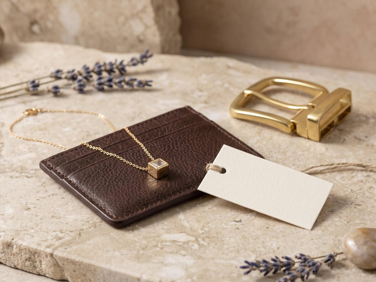 Wholesale accessories styled on a stone surface with a Free Shipping tag, calm editorial still life