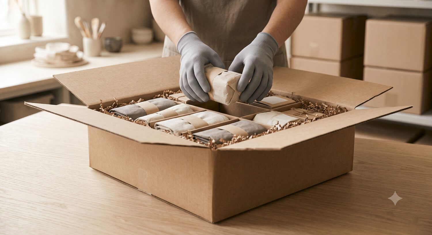 Gloved hands placing a wrapped item into a large kraft carton organized with tissue-wrapped bundles