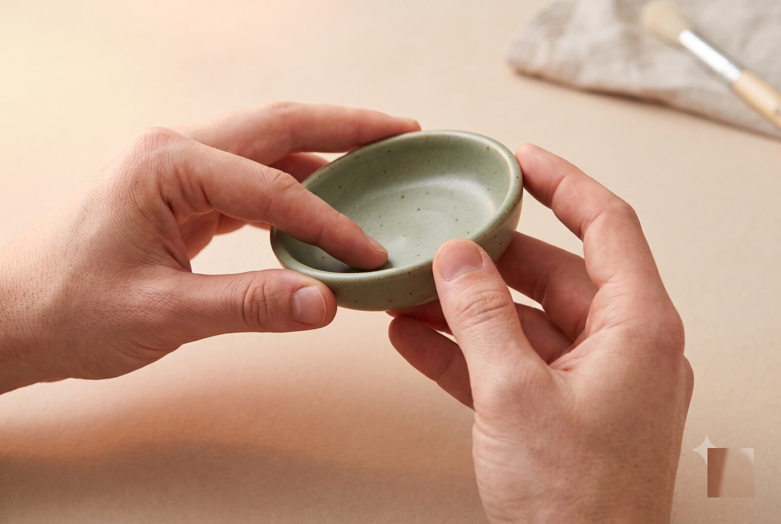 Two hands examining a ceramic dish during a quality inspection, on a warm stone surface