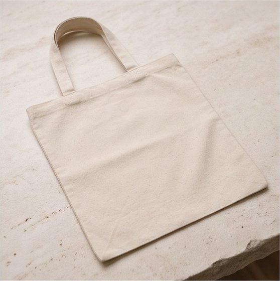 A plain canvas tote bag on a stone surface