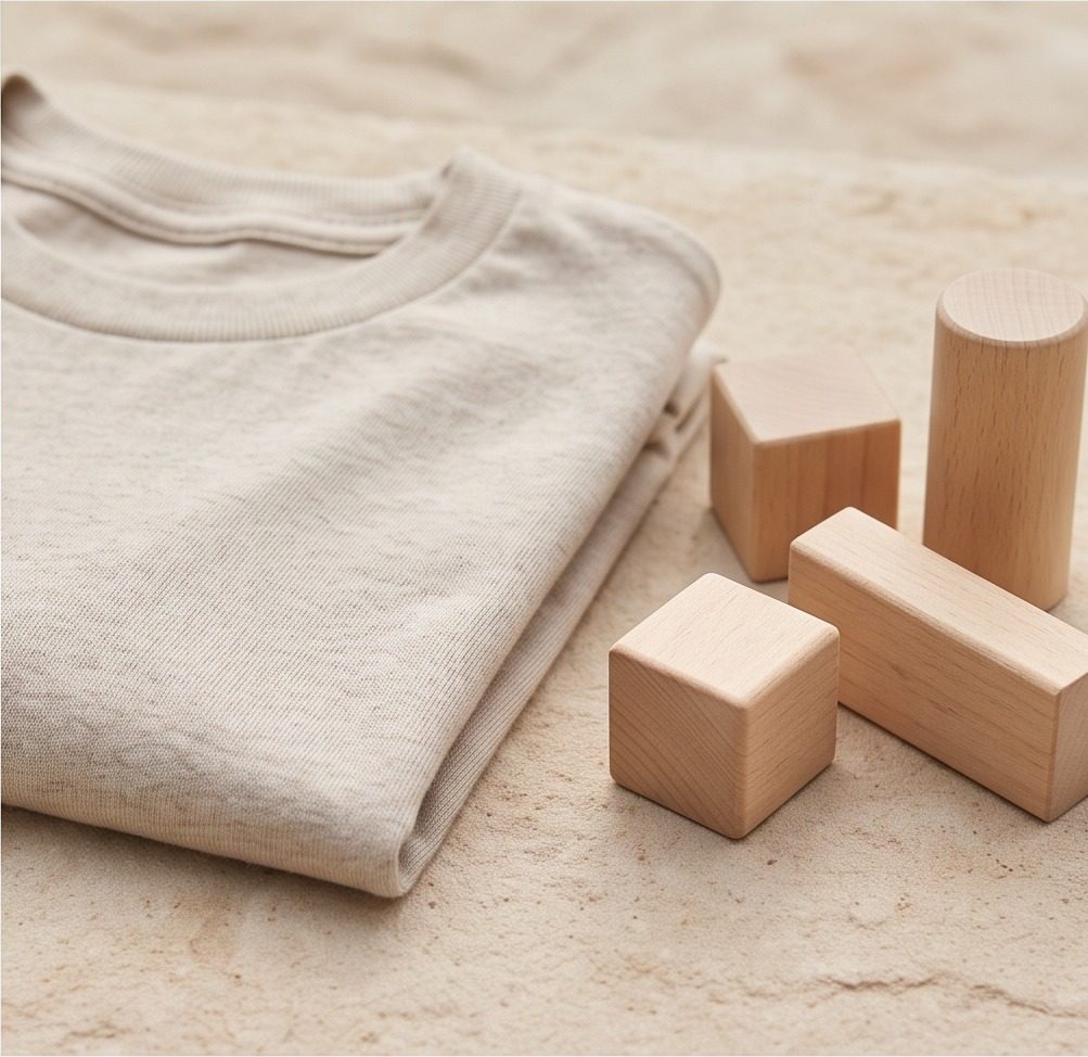 A durable folded t-shirt and plain wooden blocks on a stone surface
