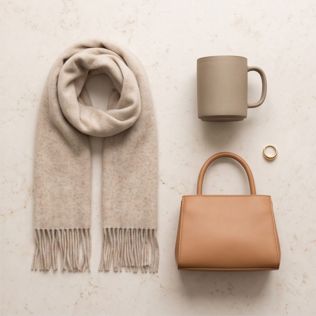 A wider retail assortment across categories: a scarf, a mug, a small handbag and simple jewelry