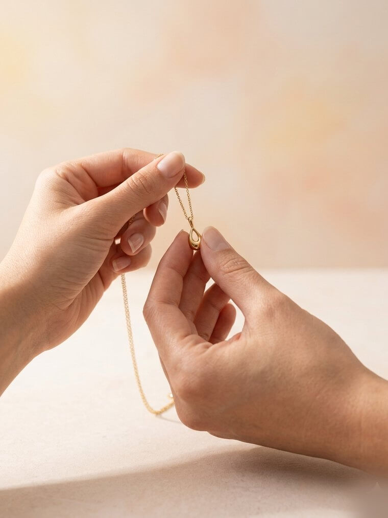 Two hands inspecting a sourced gold pendant before it ships, shown in close macro crop.