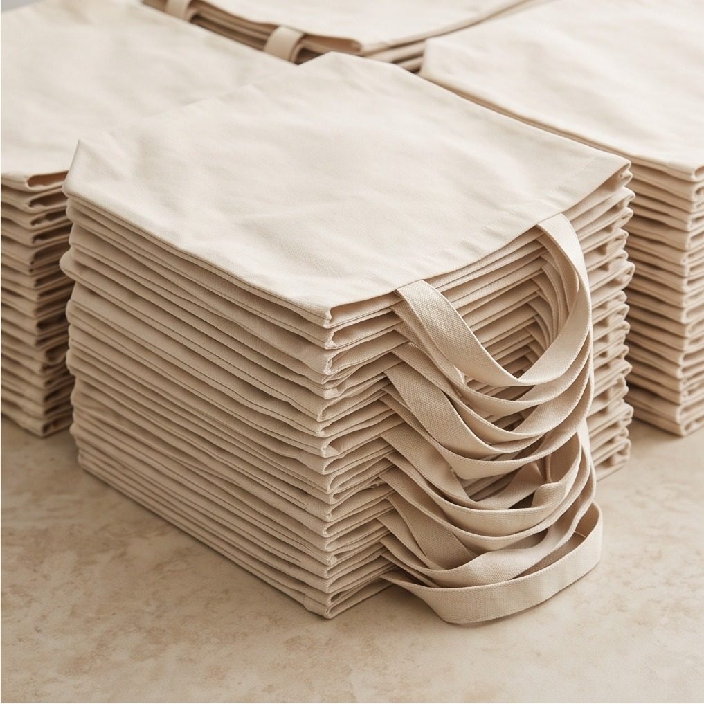 Many identical plain canvas tote bags stacked in a repeating arrangement