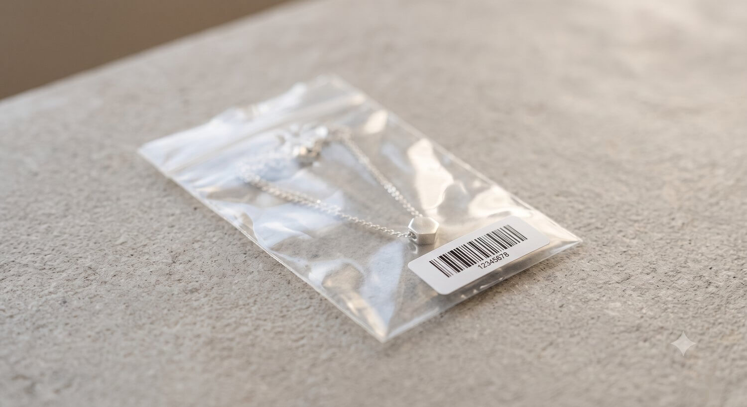 A single necklace sealed in a clear bag with a barcode label applied to the outside on a Stone background