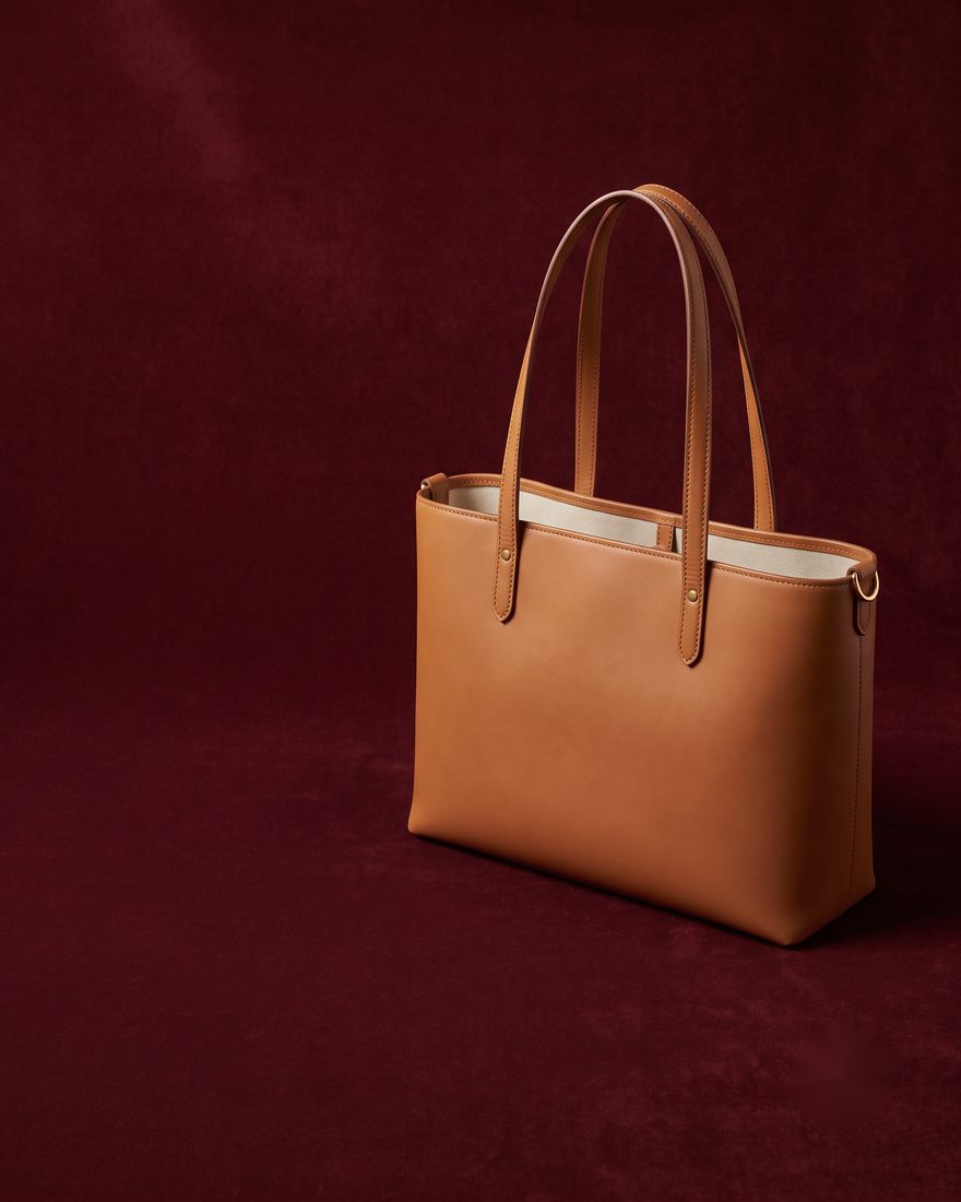 A tan leather tote bag on a deep burgundy background