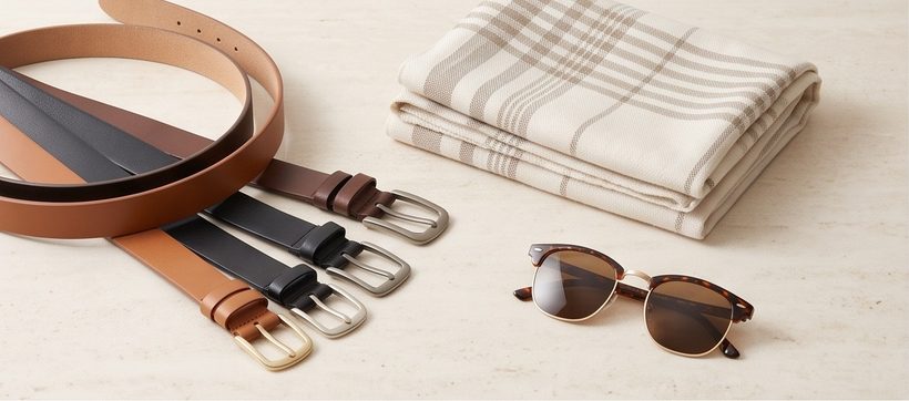 Leather belts, a folded scarf and sunglasses