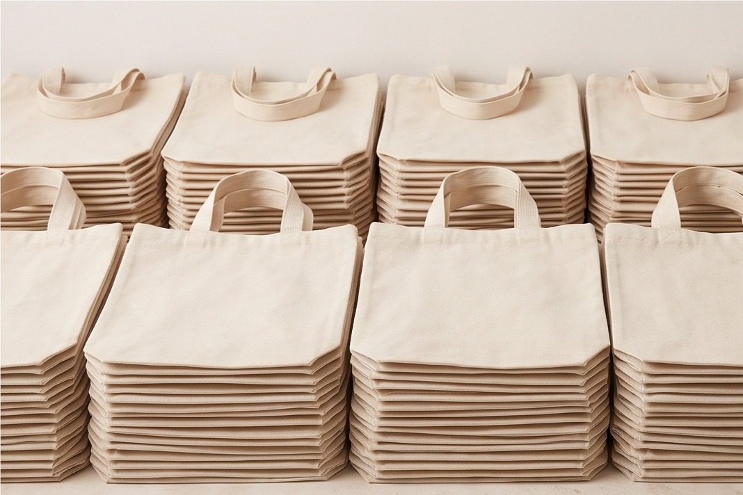 Neat stacks of plain canvas tote bags arranged in rows