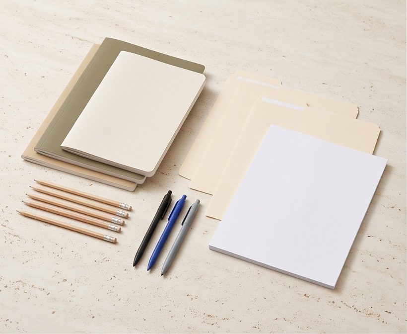 Notebooks, pens, pencils, folders and paper