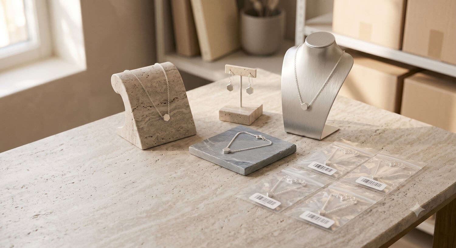 Finished jewelry styled on display stands beside barcoded, bagged stock, ready for shelf or storefront