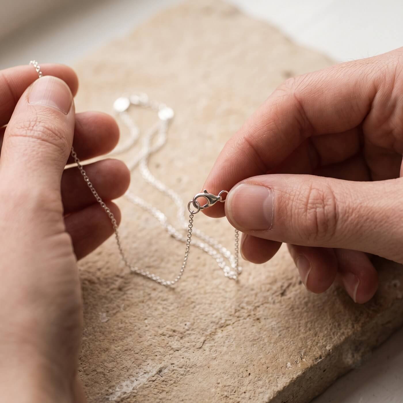 Hands inspecting an individual order by hand before it ships, in macro.