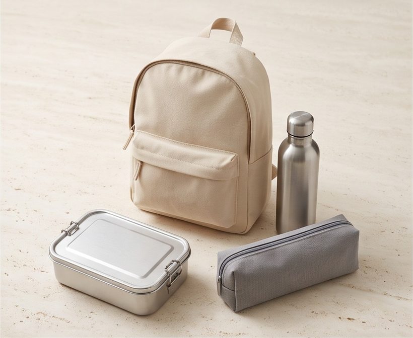 A canvas backpack, lunch tin, water bottle and pencil case