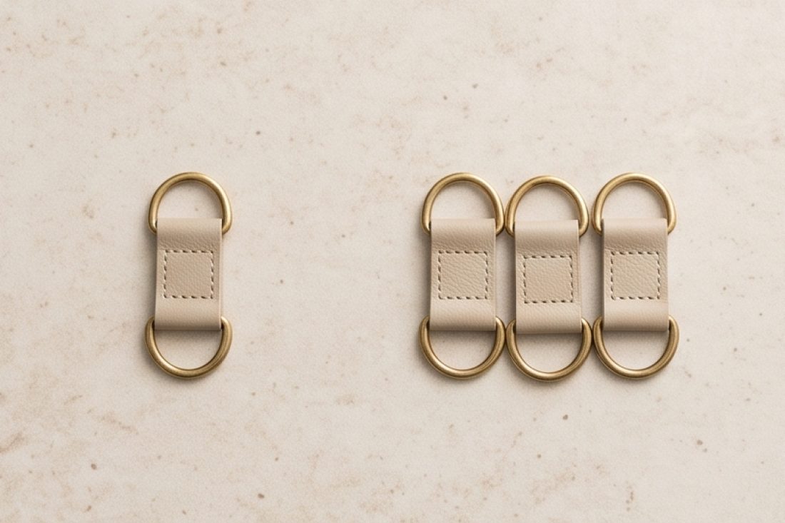 One keychain, then a few, then many, arranged to suggest scaling from a first order to volume